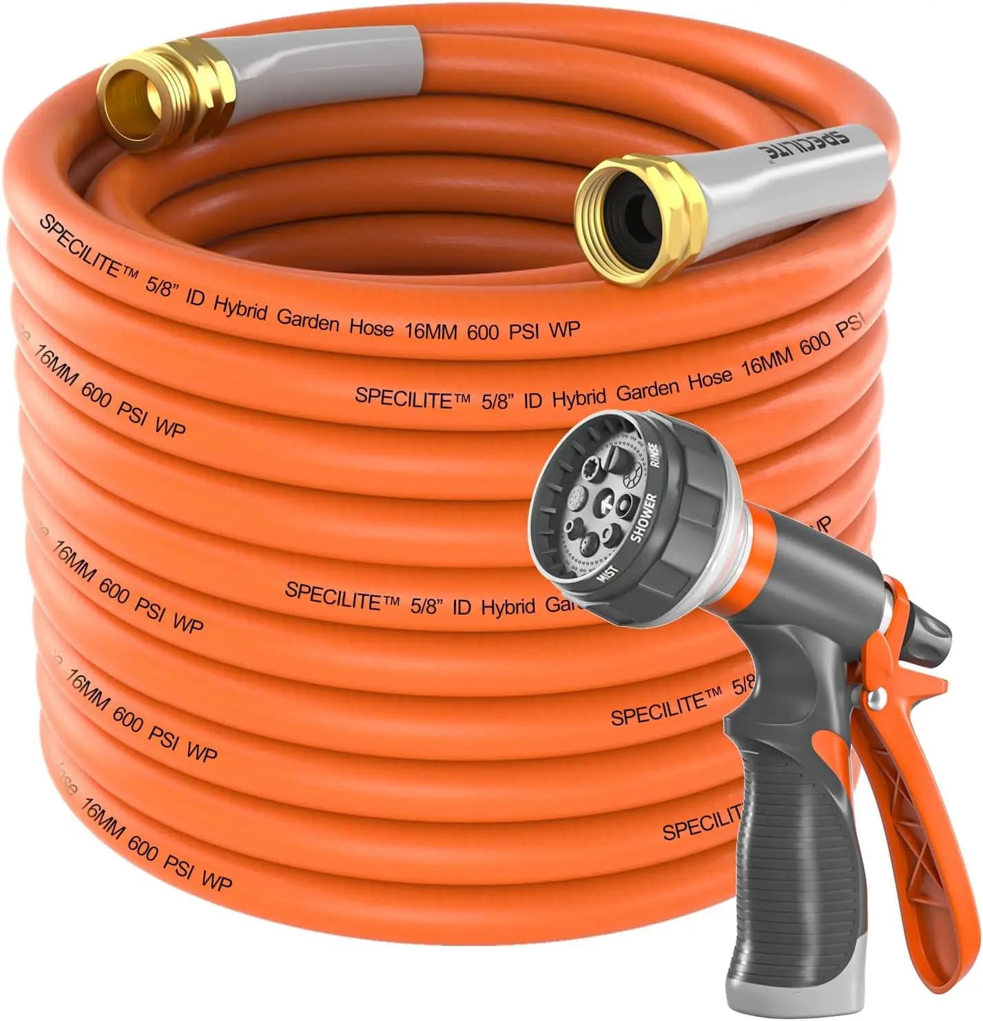 Tubo da Giardino Rinforzato da 60 Metri, 16 mm, Resistenza a Spacco 600 PSI, Gomma Ibrida Anti-Piega con Raccordi in Ottone da 20 mm, Arancione
