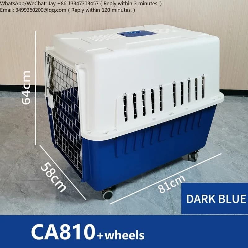 Trasportino per Animali Domestici Blu Approvato dalle Compagnie Aeree CA810, Conforme IATA, Gabbia da Viaggio per Cani e Gatti, Impilabile, in Plastica PP, con Ruote e Porta in Metallo