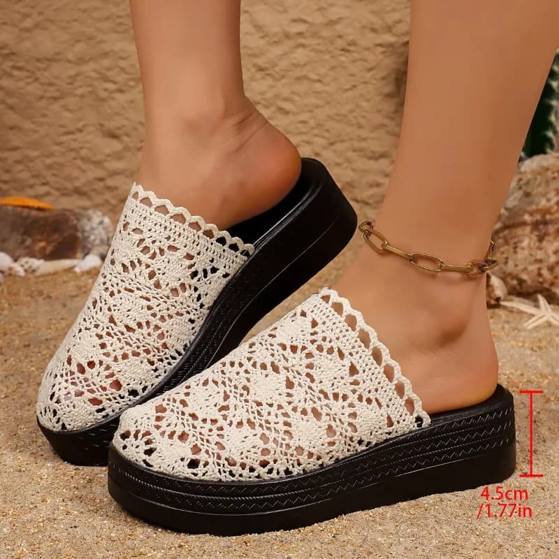 Platform Baotou Slippers Women's Outside Wear 2026 Spring/Summer Lace Hollow-out Mesh Breathable Sandals