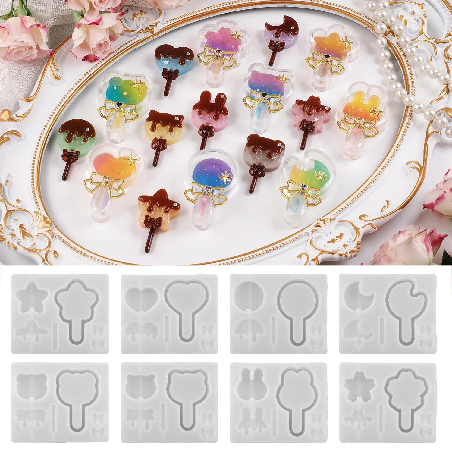 1Piece Flowing Sand Lollipop Silicone Mold Cute Star Rabbit Cat Shaped Stick Mold DIY Crystal Transparent Resin Jewelry Mould