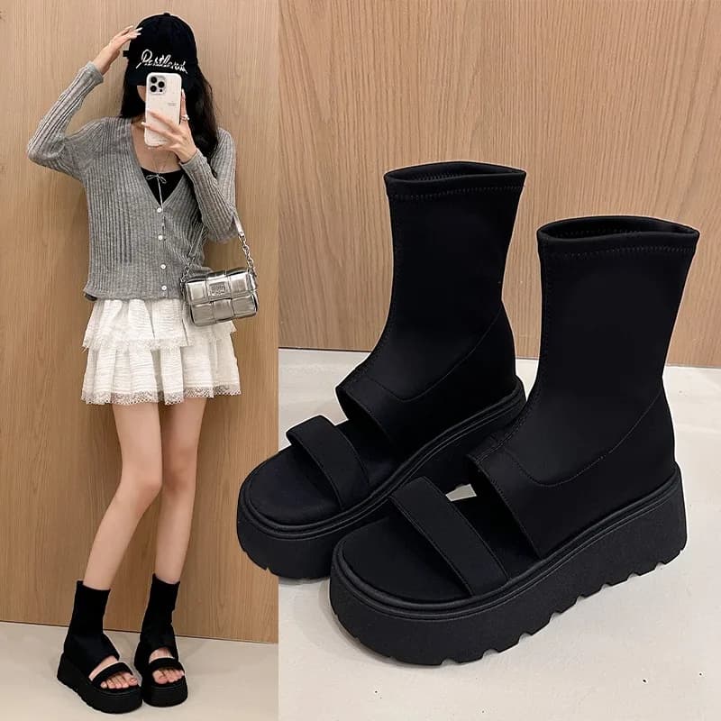 2026 Autumn Open Toe Knee High Boots Gladiator Sandals Fretwork Stretch Booties Platform Wedge Heel Slip On Shoes Thick Sole