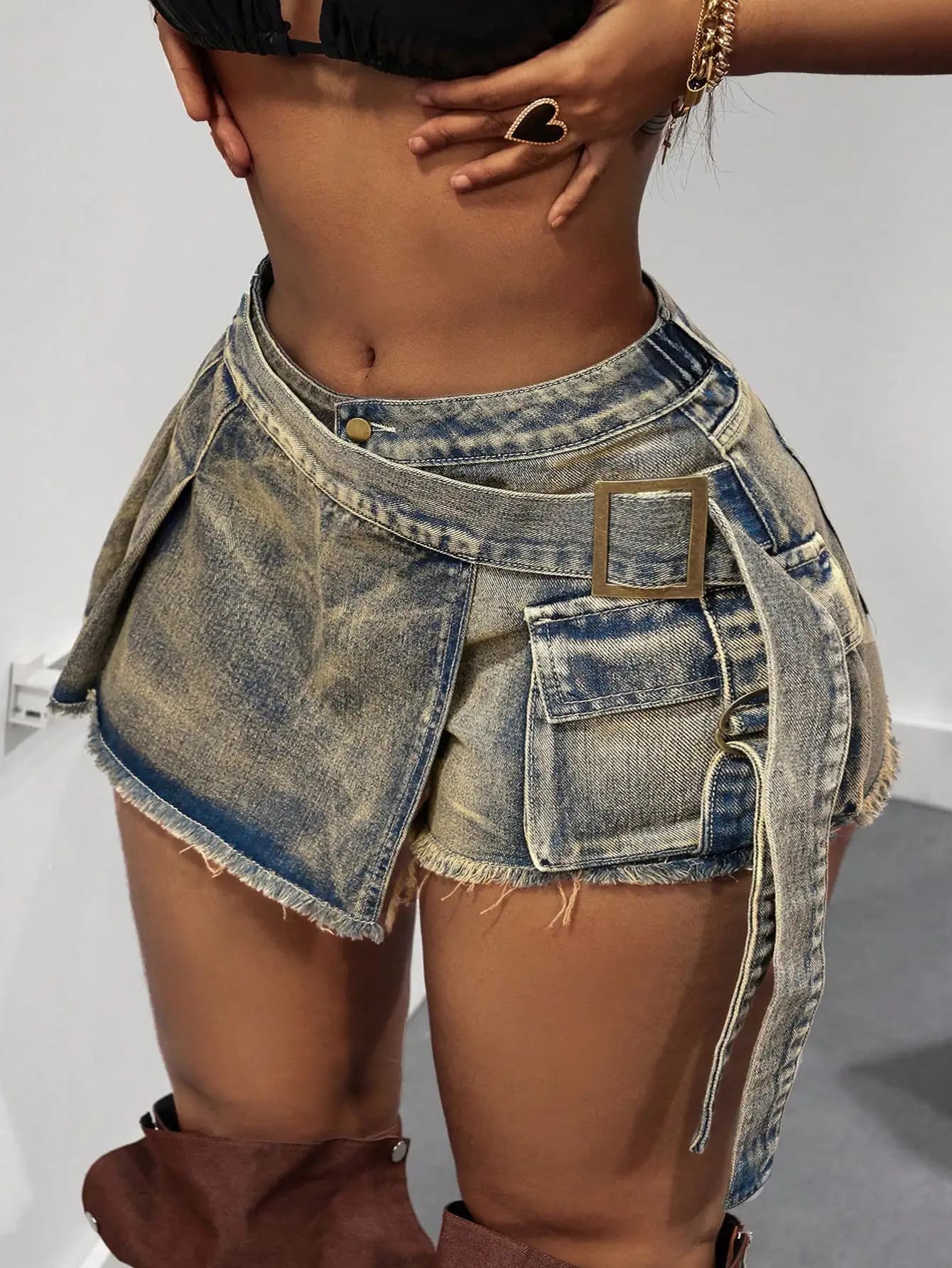Gonne-pantalone in denim da donna con pieghe frontali e cintura a fascia