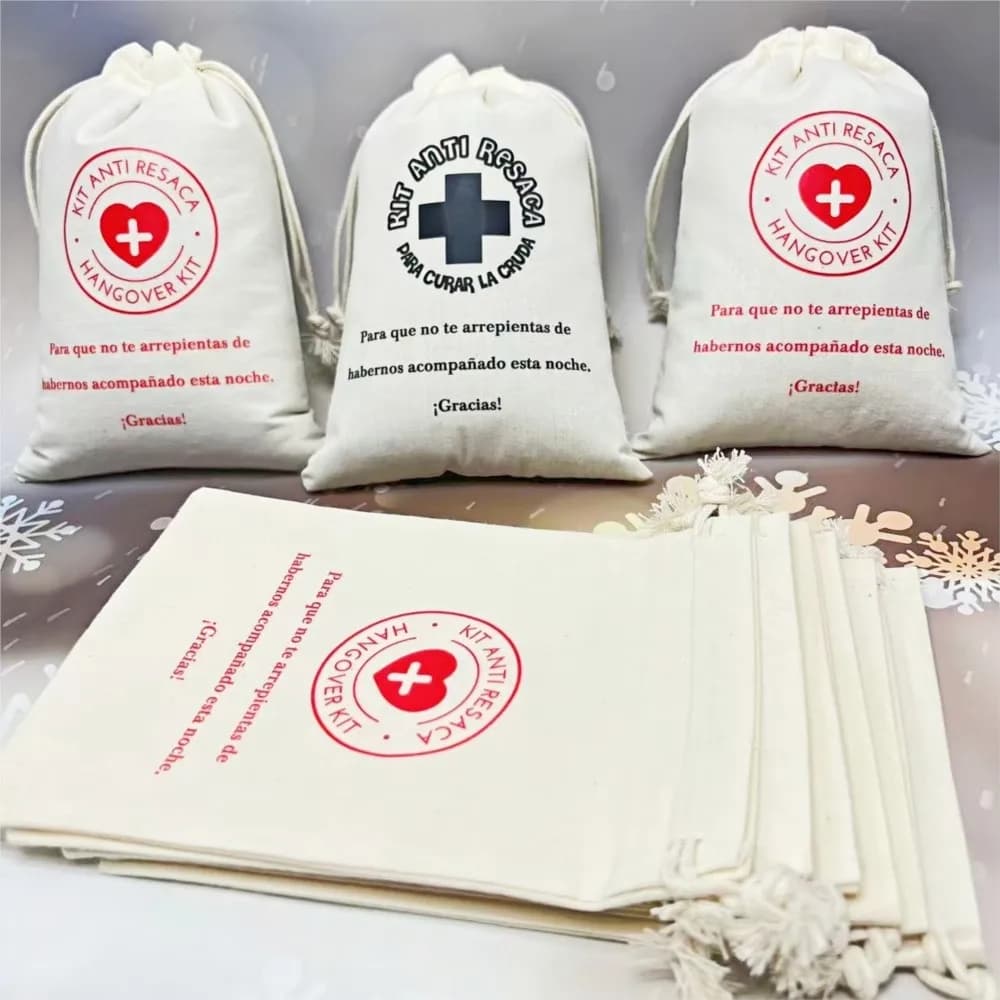 5Pcs Linen Look Drawstring Pouches Anti Resaca Hangover Recovery First Aid Kit Wedding Shower Party Guest Favor Gift Bags