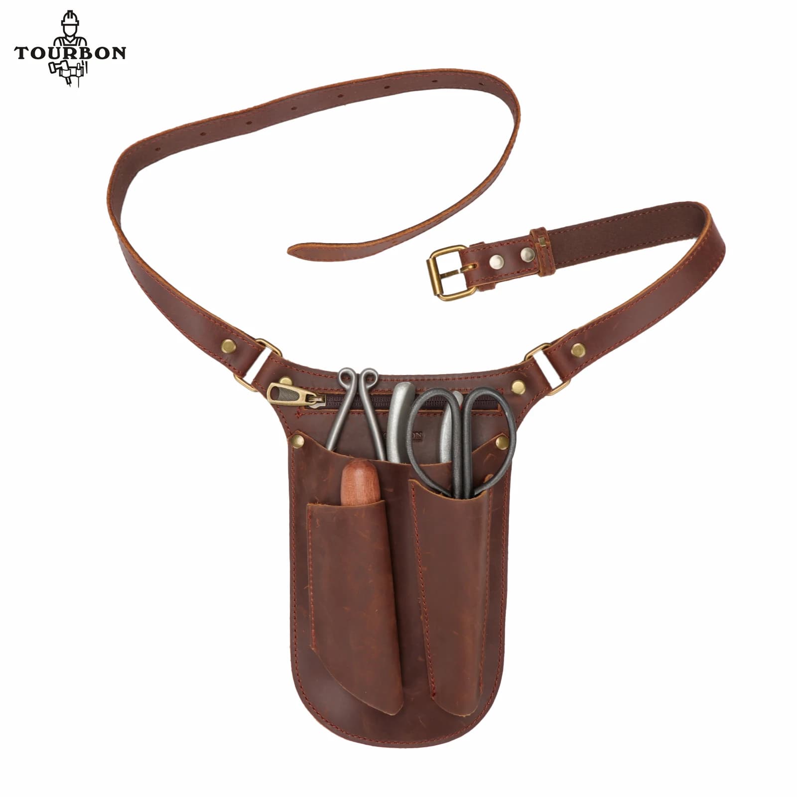 Tourbon Custodia da trasporto per giardiniere in pelle Borsa da cintura per attrezzi per fioristi Fondina per giardiniere Fondina per carpentiere 4 tasche regolabili Marrone