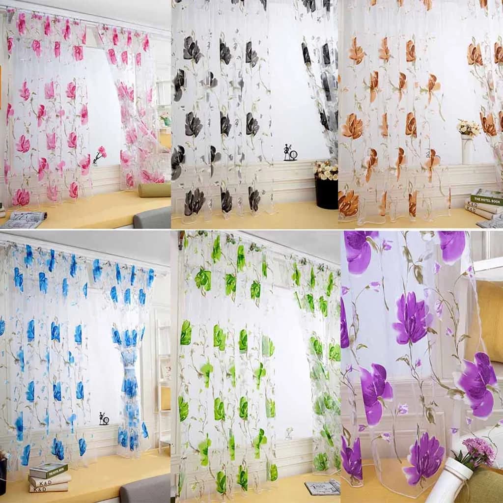 1/2 PCS Vines Leaves Tulle Door Window Curtain Drape Panel Sheer Scarf Valances Colorful Floral Pattern Transparent Curtains
