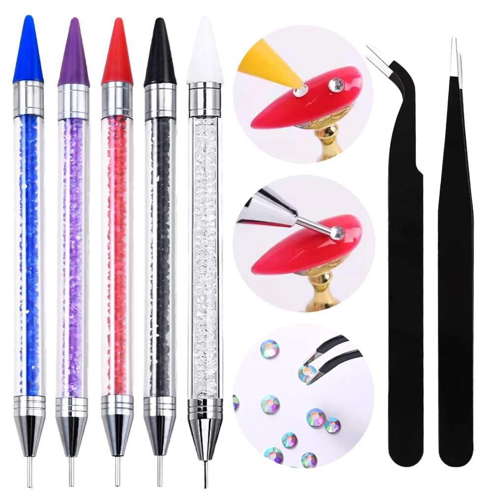 3 pz/set Nail Art Strass Punteggiatura Penna di Cera con Pinzette In Acciaio Inox Mul-stile Acrilico In Metallo Del Chiodo Diamante Picker Penna Trapano