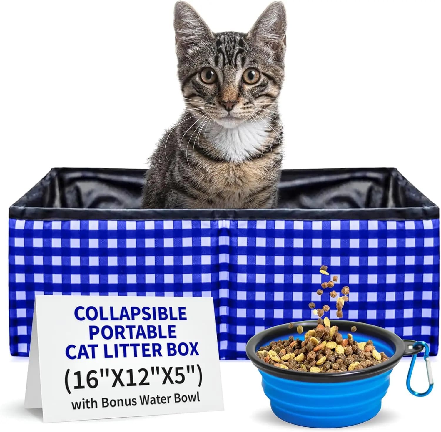 Lettiera per Gatti Pieghevole da Viaggio - Design Portatile e Compatto con Ciotola per Acqua per Auto e Campeggio - Blu (16x12x5 pollici)