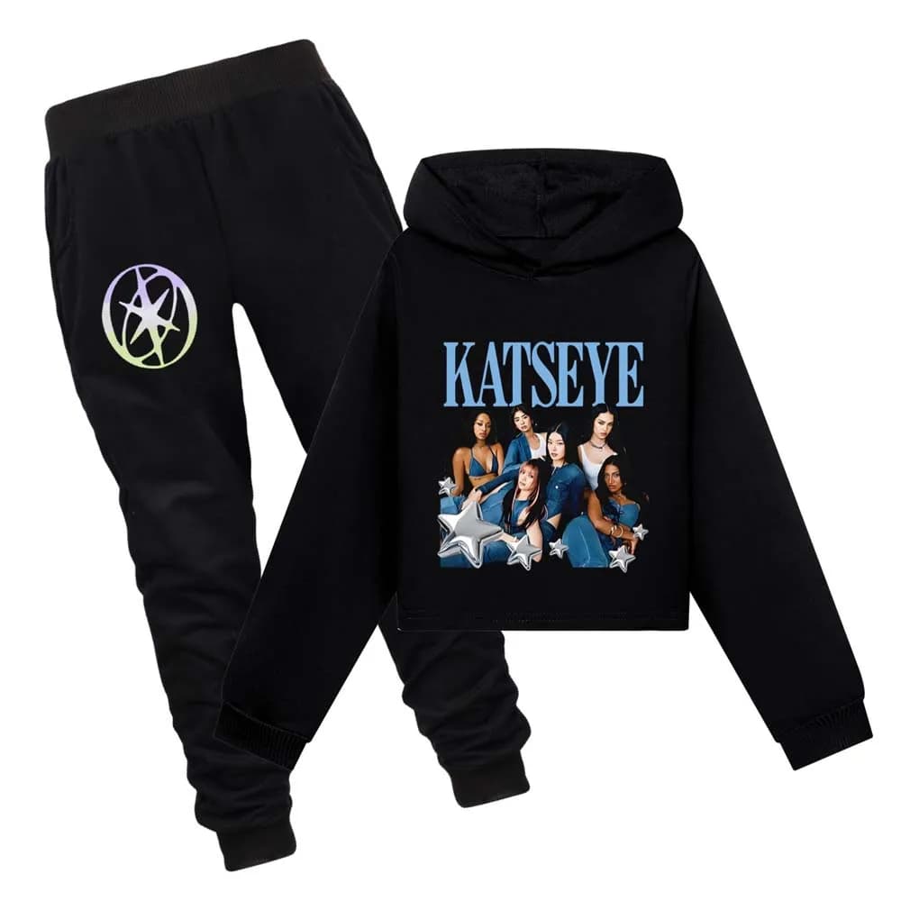 KATSEYE Girls Cropped Hoodie Set 2 Piece Streetwear Casual Outfit Trendy Spring Fall Collection Kids Fashion