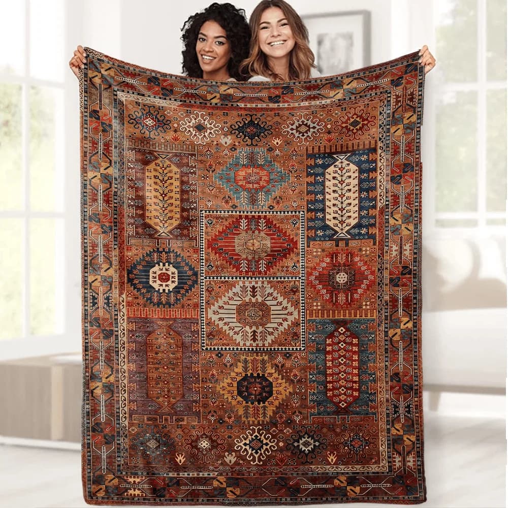 Soft Warm Vintage Polyester Boho Weaving Pattern Throw Blanket, Machine Washable, Perfect for Sofa, Bed, Travel, Camping, Office