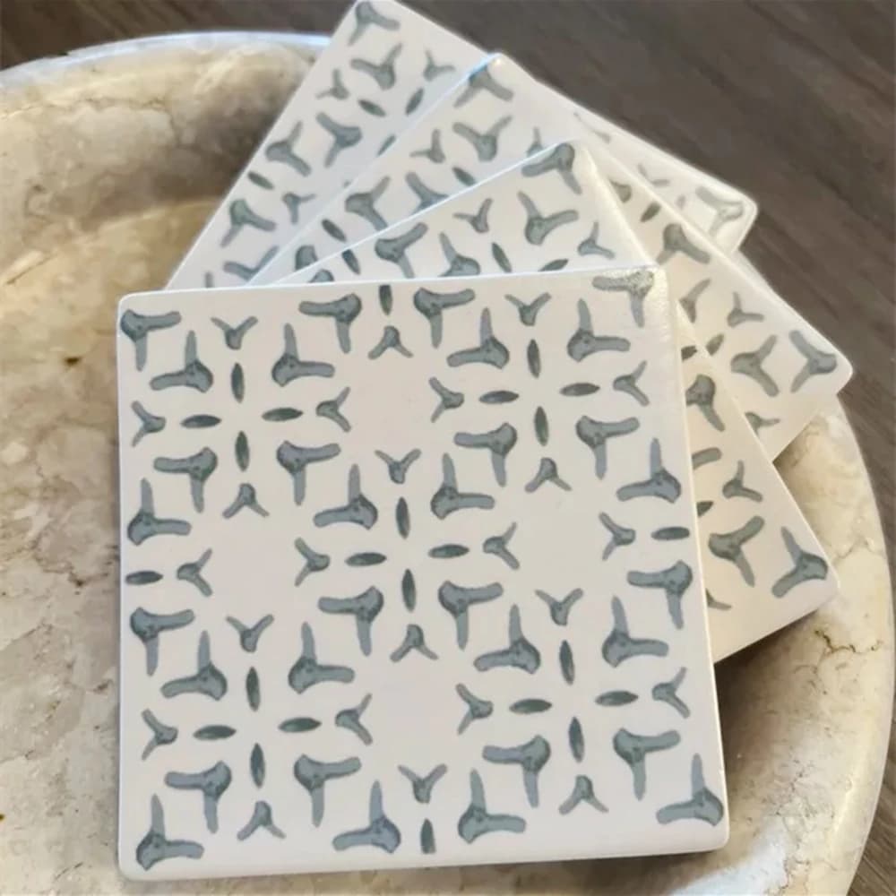 4pcs Square Drink Coasters,Ceramic Coasters Set Of 4 with Light Blue Stamp Pattern,4" Modern Stoneware Cup Coasters for Coffee