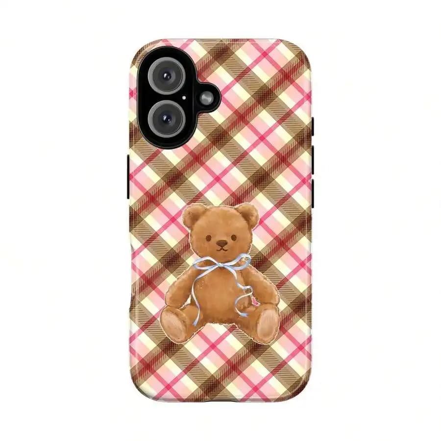 Preppy Plaid Teddy Bear Phone Case For iPhone 15 14 13 12 11 Pro Max X XR XS & Galaxy S25 S24 S23