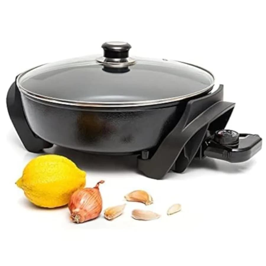 Padella Elettrica con Coperchio 12x12 Pollici in Alluminio Antiaderente, 5Qt, Controllo Temperatura Regolabile, Coperchio in Vetro Ventilato