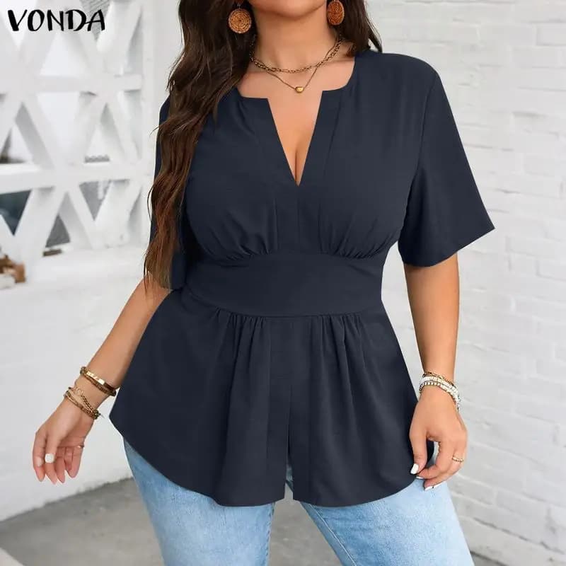 Plus Size VONDA Summer Short Sleeve Tops Blouses Women Solid Color Blusas Fashion V Neck Tee Streetwear OL Tunic L-5XL