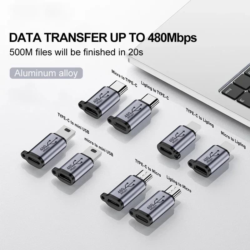 USB to USB C Mini USB to USB C 480Mbps Quick Data Charging Connector USBC to Lightning Adapter for Android iPhone