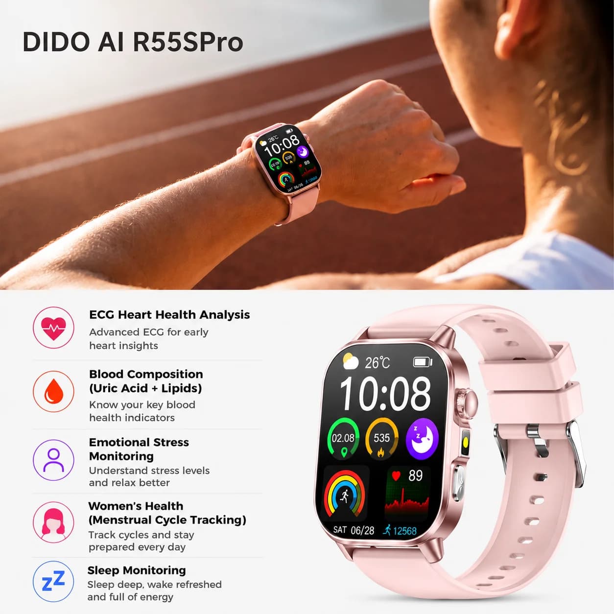 DIDO AI R55S Pro ECG Smart Watch 2.0" Bluetooth Calling SOS Heart Rate SpO2 Sleep Health Monitor IP68 Women's Health Tracker