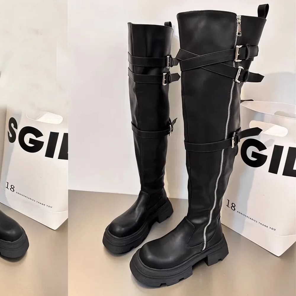 Women's knee boots in real leather fashion Autumn Winter Belt buckle Western elastic boots Platform Zip
