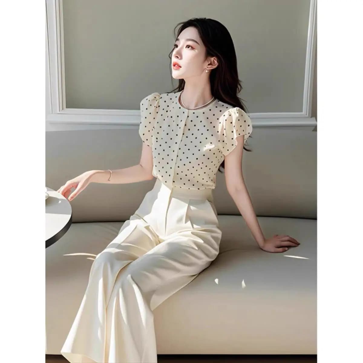 New Summer Elegant Women's Two Piece Set O-neck Puff Short Sleeve Dot Shirt Top + Wide Leg Pants Fashion Office Lady Suit