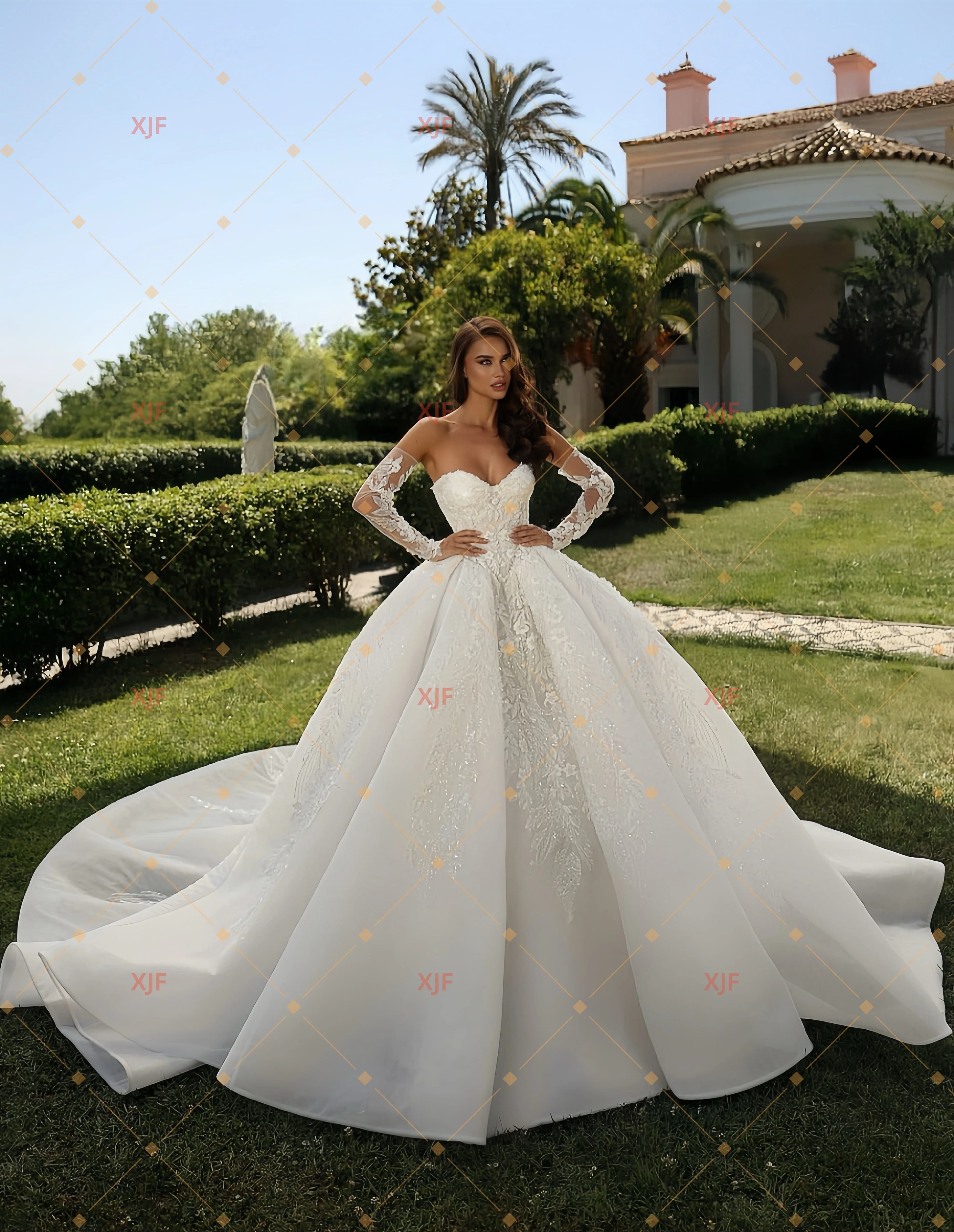 Colletto dolce personalizzato Maniche lunghe Abito da ballo in pizzo Abito da sposa di lusso abiti da sposa amanda novias amanda novias ufficiale