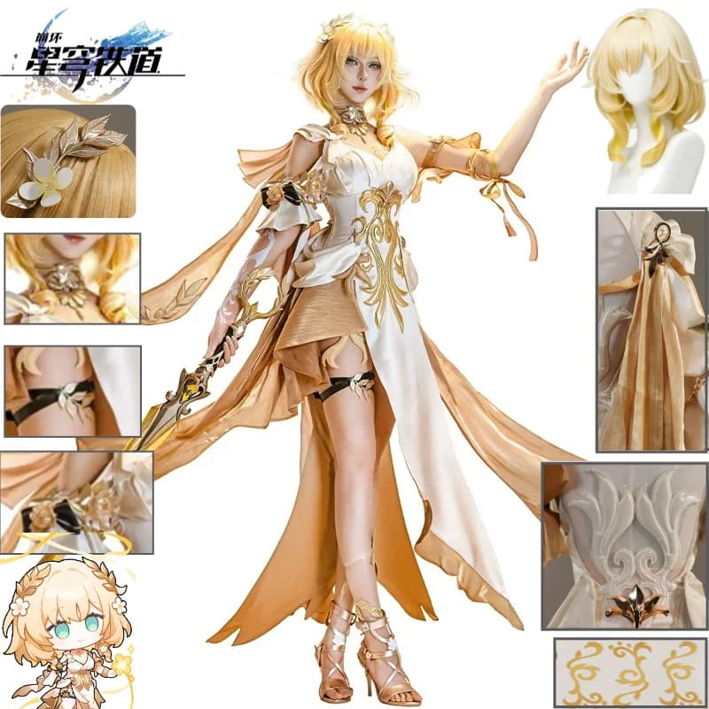 Costume Cosplay Aglaea Honkai: Star Rail, Abito da Chrysos Heirs, Corona di Alloro Dorata, Set con Parrucca, Outfit per Halloween