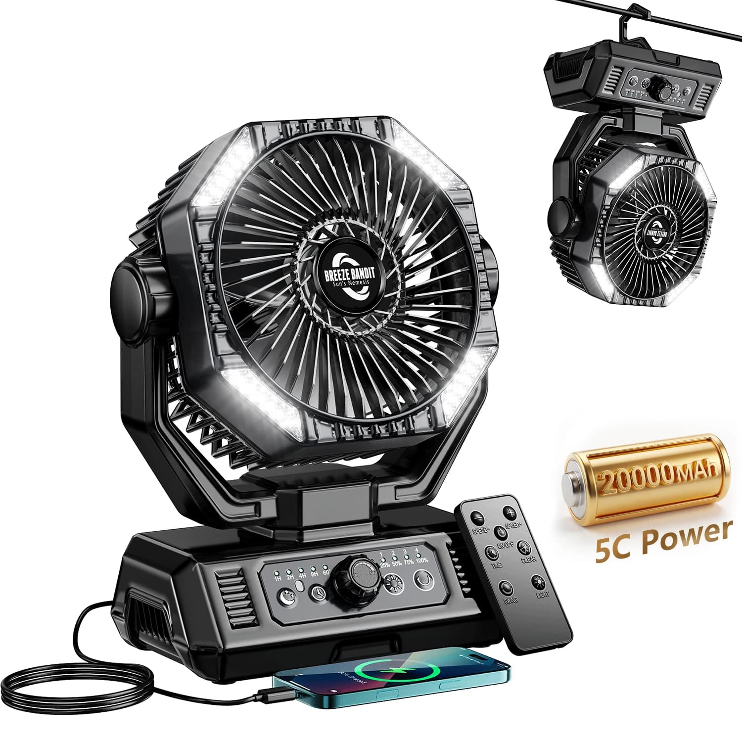 Ventilatore da campeggio coldSky con batteria da 20000mAh e lanterna LED, 8 velocità, ventilatore da tavolo portatile per esterni, ideale per picnic, pesca, viaggi, cantiere