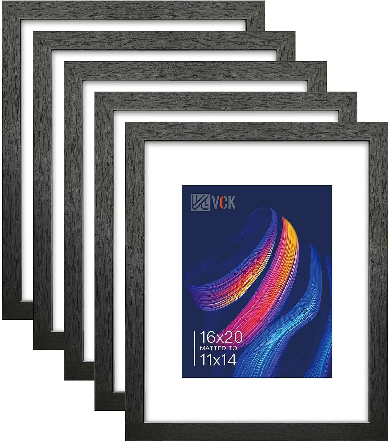 Set di 5 Cornici per Foto 16x20 in Legno Nero con Vetro Vero, con Passepartout per 11x14, da Appendere a Parete
