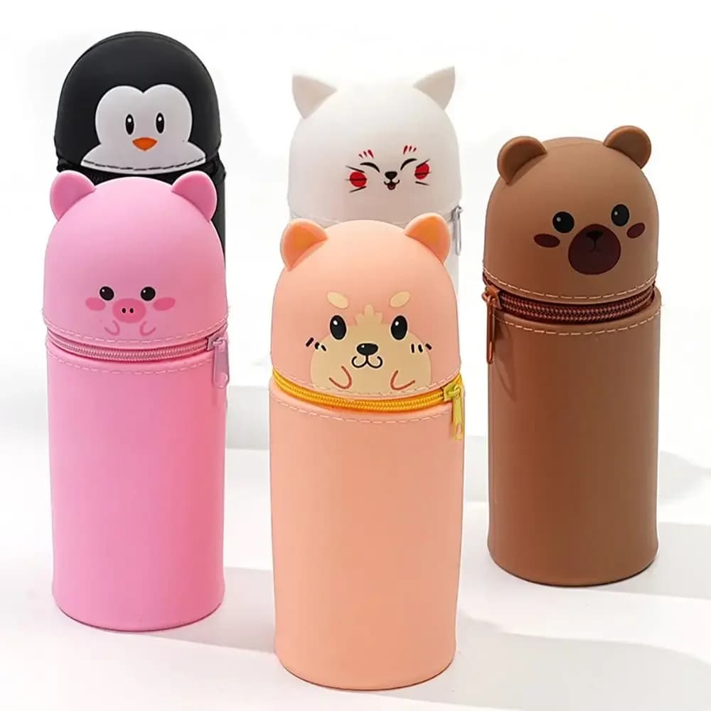 Astuccio per matite in silicone in silicone Cartone animato con cerniera Borsa per riporre articoli di cancelleria Organizzatore da scrivania Astuccio per penne a forma di animale di cancelleria