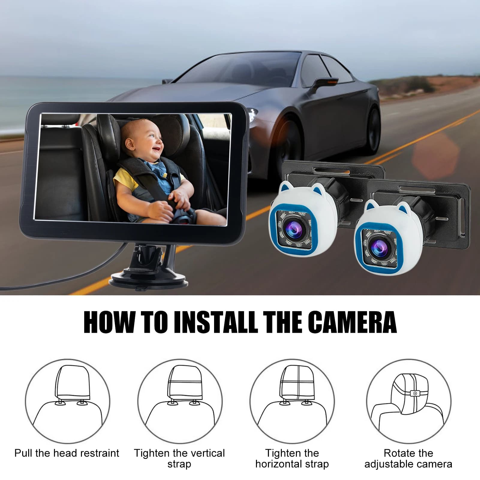 Telecamera per auto per bambini, baby monitor 1080P a doppio canale da 7" con telecamere per visione notturna IR, 150 ° Ampio angolo di visione, 8 luci a LED