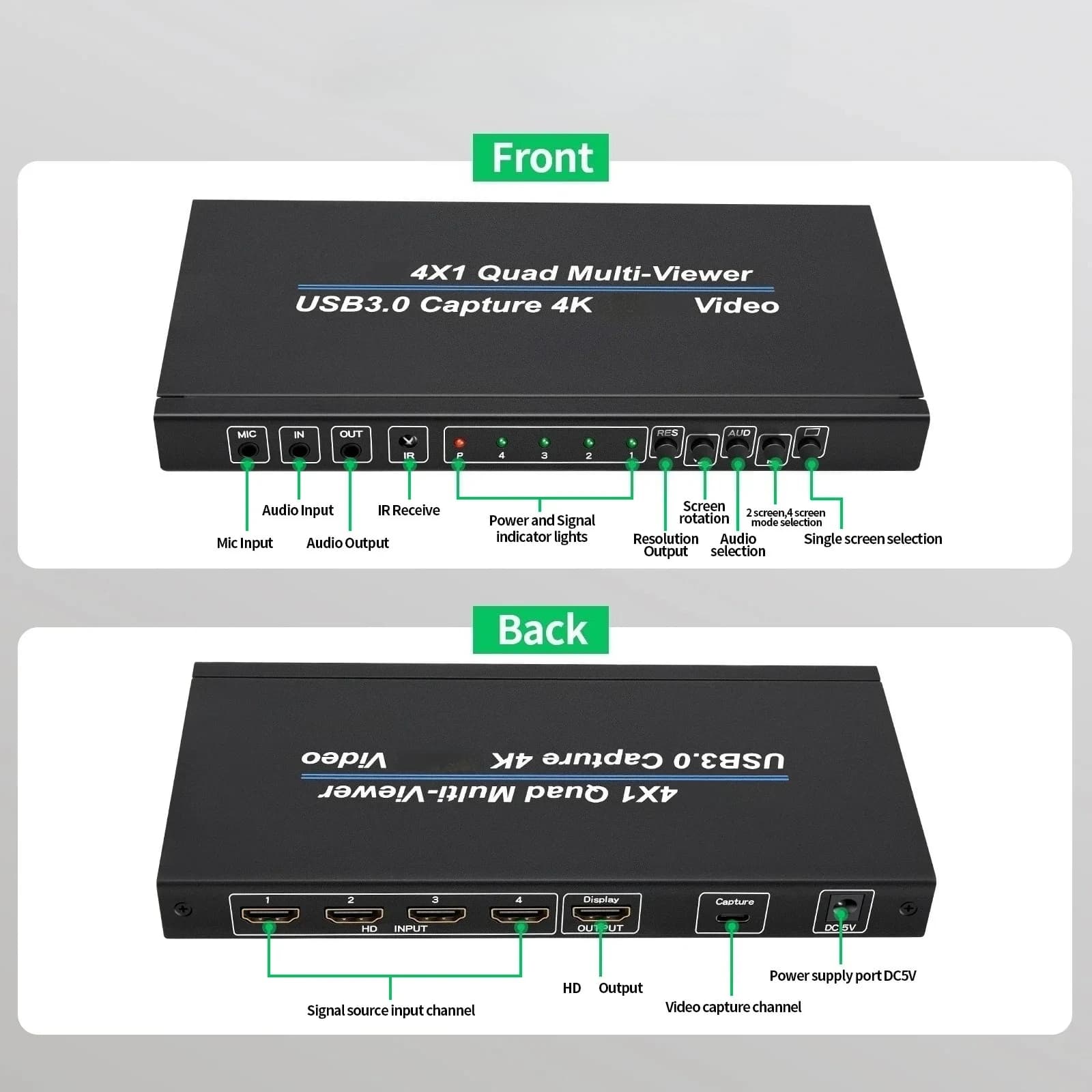 Multiviewer per schermo quadruplo HD 4x1 4K Scheda di acquisizione video USB 3.0 Splitter per schermo multi-viewer quad HD 4x1 per streaming live su PC
