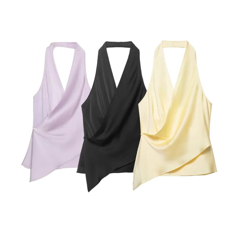 Elegant Satin Halter Neck Top For Women Spring Summer Sleeveless Asymmetric Hem Blouse Casual Daily Going Out Wear