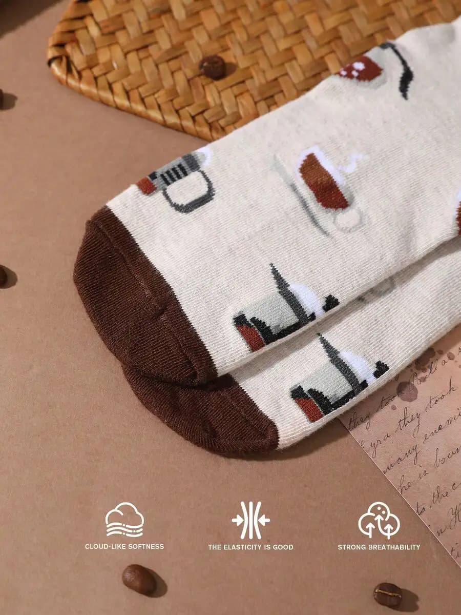 Coffee Themed Mid-Calf Socks For Adults, Cute Casual Design With Coffee Cup Print, Soft Breathable Cotton Blend