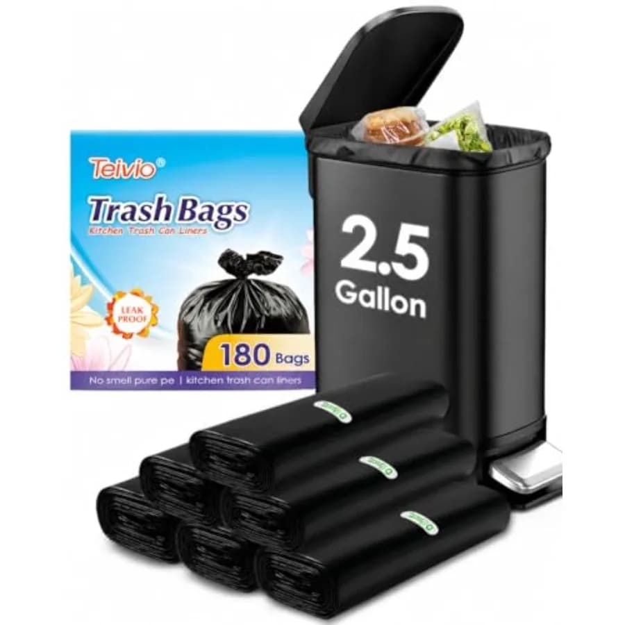 2.5 Gallon 180 Counts Small Trash Bags Garbage Bags, Bathroom Trash Can Bin Liners, Small Plastic Bags for home office kitchen,