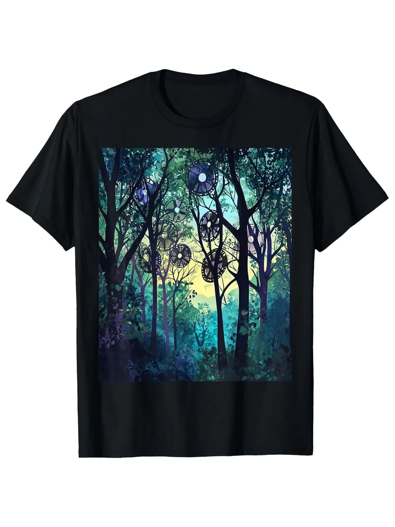 Gothic Men's Black Graphic T-Shirt Enchanted Forest Trees Hanging Dreamcatcher Moonlit Night Mystical Nature Illustration 100% Cotton Heavyweight Short Sleeve Casual Streetwear Tee