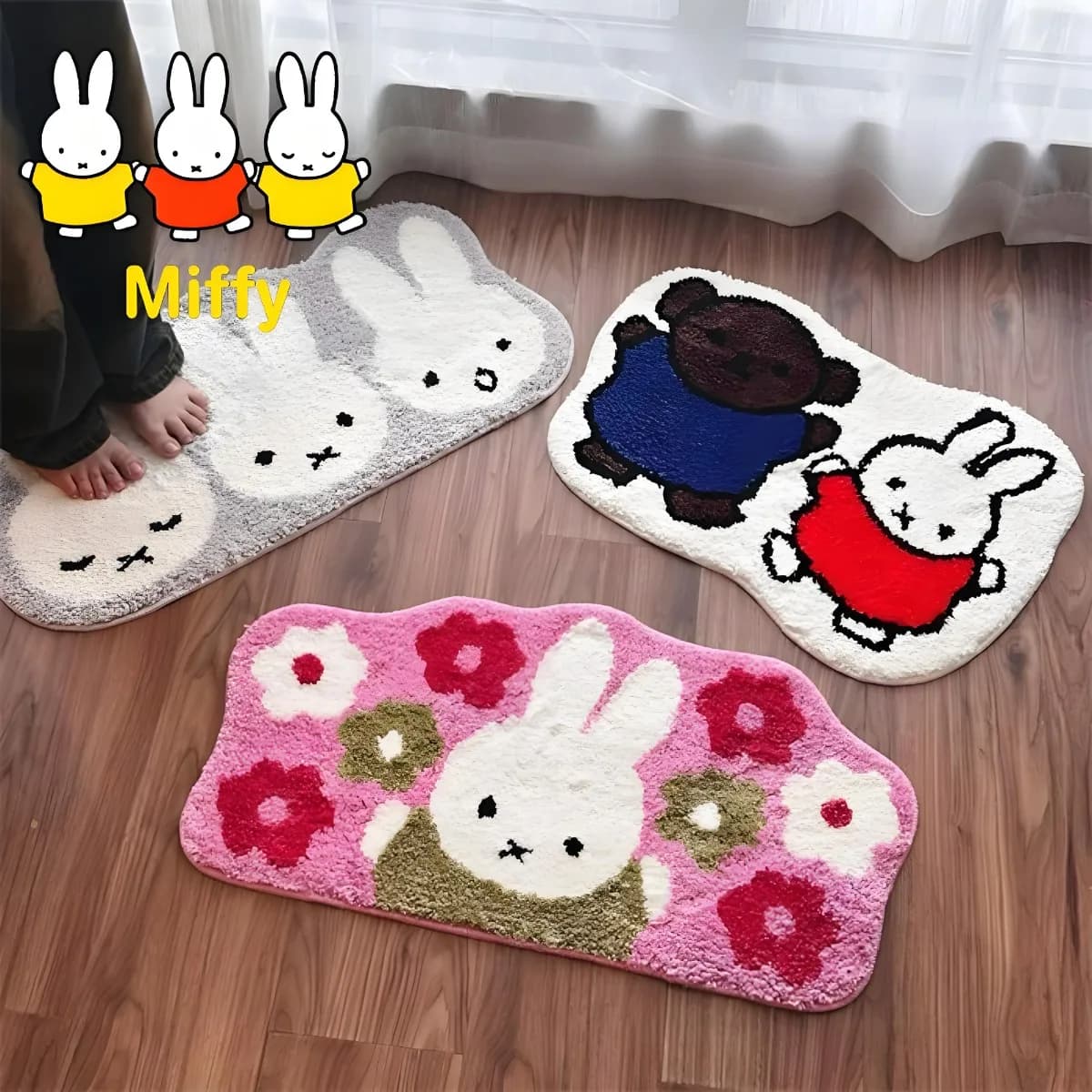 Tappeto Kawaii Miffy Rabbit Boris Bear, Tappetino Spesso Antiscivolo Assorbente, Tappeto Lavabile in Lavatrice, Cuscino Spesso per Seduta