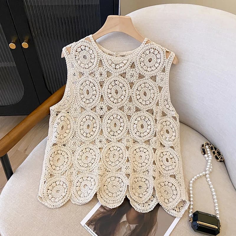 Canottiera estiva lavorata a maglia Top senza maniche con gancio Fiore scava fuori camicetta girocollo camicia ricamata da donna casual