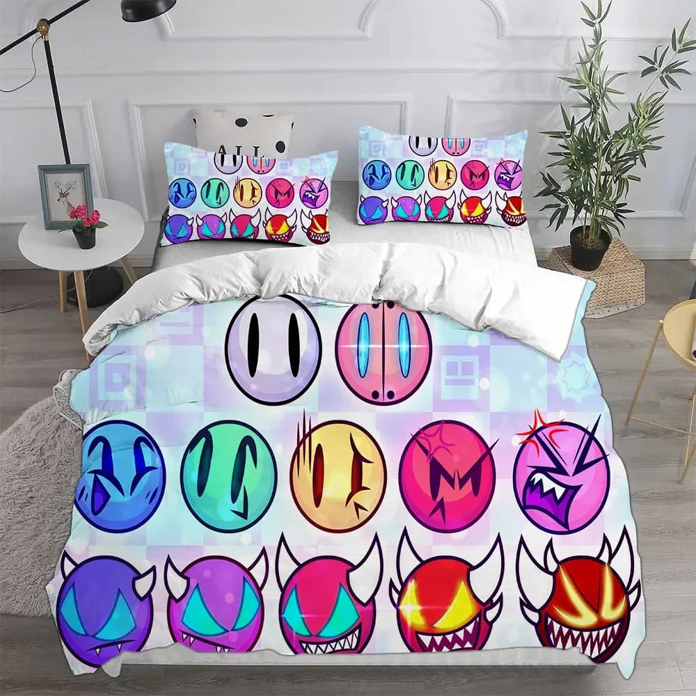 Game Geometry Dash Cartoon Print Bedding Sets Comforter Quilt Bed Cover Duvet Cover Pillow Case 2-3 Pieces Sets Kids Adult Size