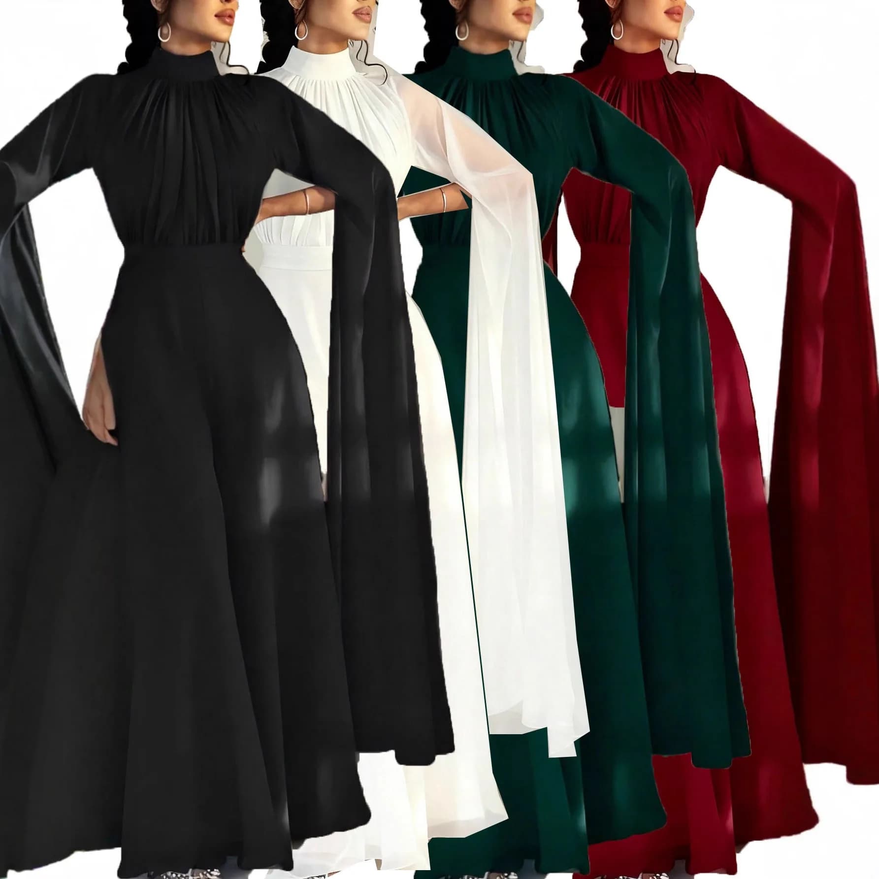 2026 Summer New High Neck Long Sleeve Chiffon Pleated Jumpsuit Wide Leg Pants Elegant Flowing Dress Multiple Colors Available