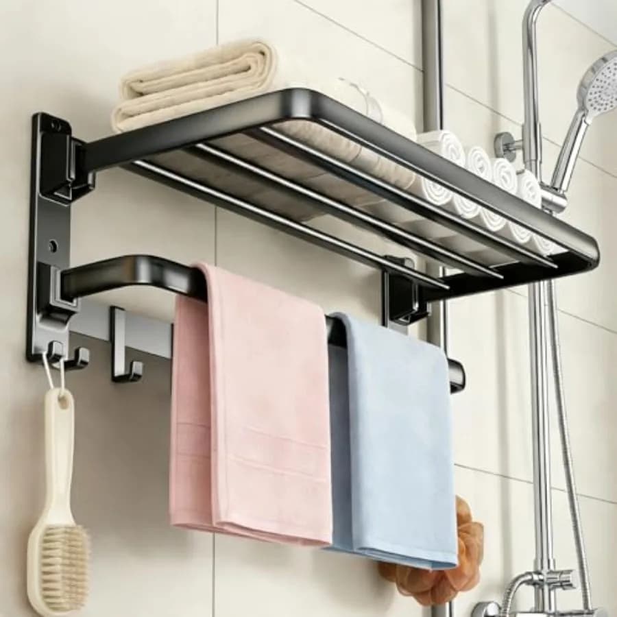 Portasciugamani da Parete per Bagno, Lavanderia, Hotel, 24 Pollici, Ripiano Pieghevole con Barra Portasciugamani e 7 Ganci, Nero Opaco