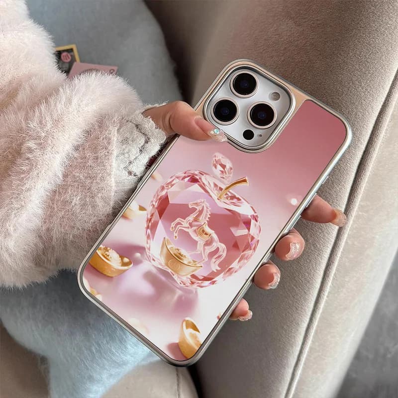 Custodia per iPhone anti-caduta con cristalli rosa a forma di cavallo e bordo argentato satinato per modelli 11/12/13/14/15/16/17 Pro MAX