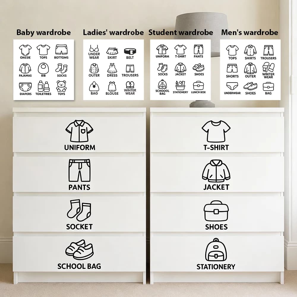 9 pcs/Sheet, Wardrobe Organizer Labels, Closet Clothing Labels Stickers, Drawer Organization Labels with Icons, Kids Baby Studen