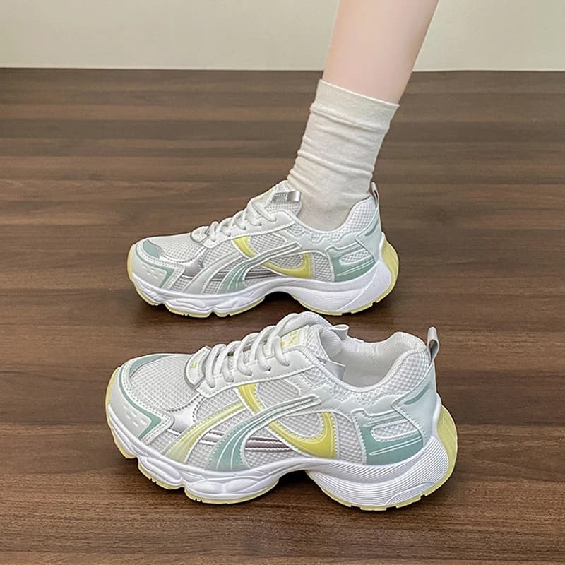 Scarpe da ginnastica goffe con plateau Scarpe sportive da donna con giunture in pelle a rete lavorata a maglia Scarpe casual con suola spessa con aumento di altezza femminile