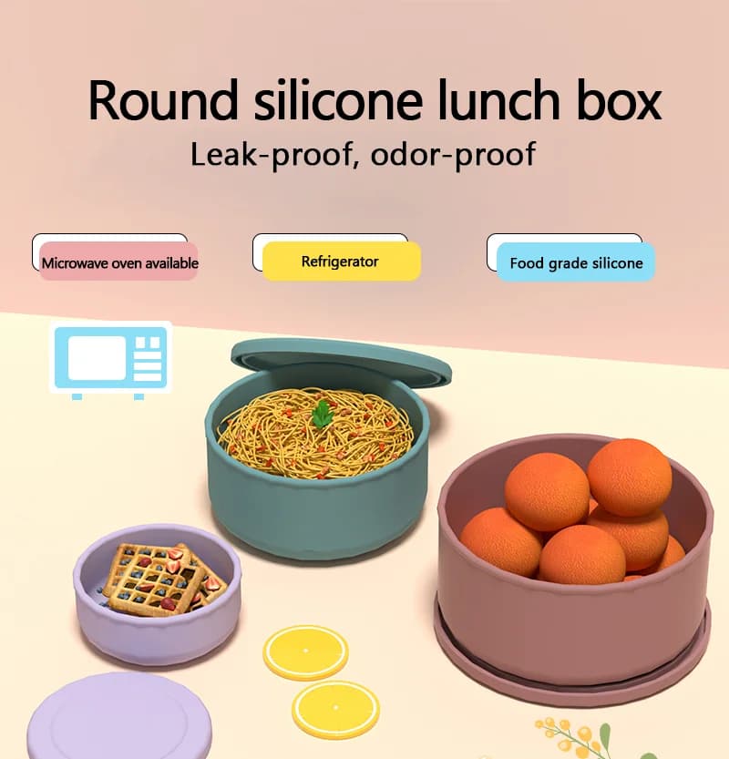 Portapranzo rotondo in silicone, contenitore per alimenti, insalata di frutta, ciotola per la conservazione della freschezza, forno a microonde, lavastoviglie, portapranzo sicuro