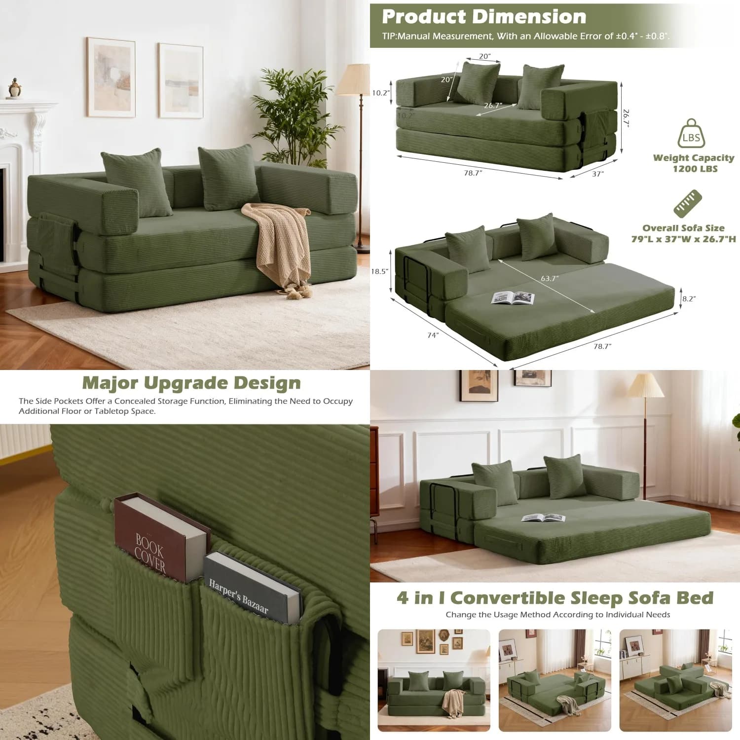 Divano Letto Convertibile 4-in-1 da 78 Pollici, Divano Pieghevole da Terra con Cuscini e Tasche Laterali per Soggiorno e Camera da Letto, Verde, Personalizzabile