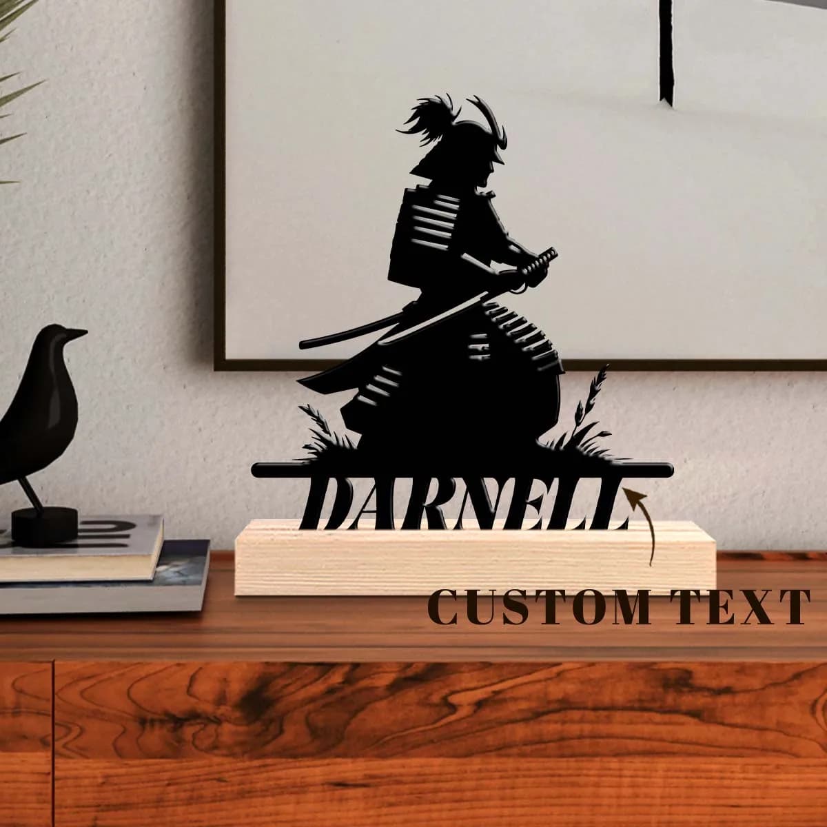 1pc Metal Desktop Decoration Custom Content Equipped with Wooden Base Modern Rural Home Desktop Decorations