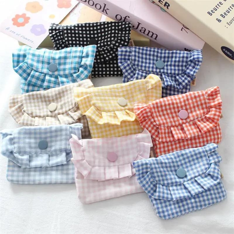 Korean Style Ruffle Plaid Coin Purse Multi-purpose Mini Wallet Sanitary Pad Organizer Card Holder for Women Weekend Trip