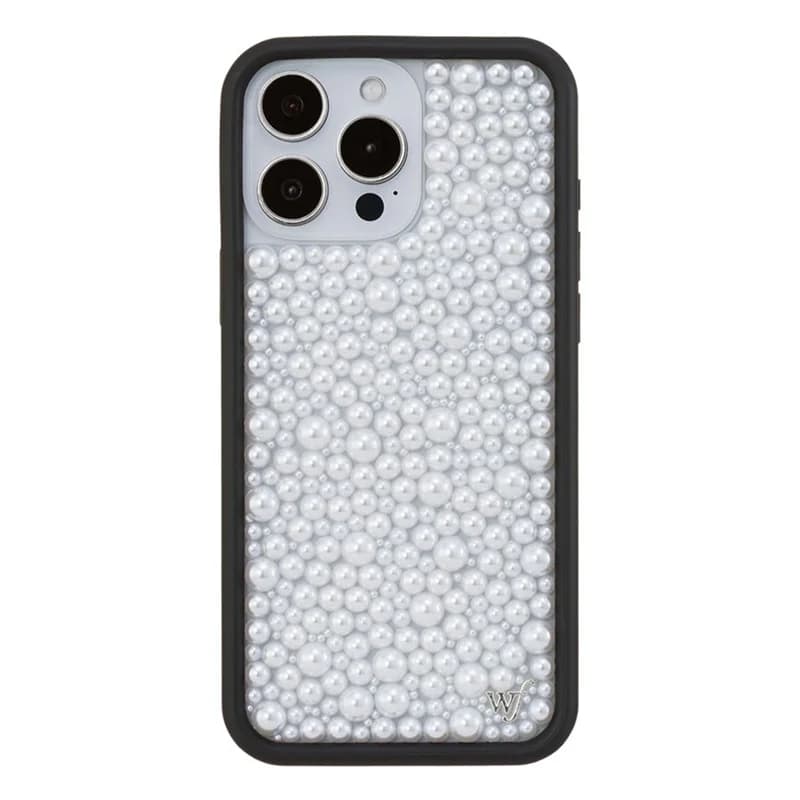 Custodia per Telefono 3D con Fiori Selvatici in Bianco Perla Lucido per iPhone 16 14 13 14 15 17 Pro Max, Cover Brillante alla Moda