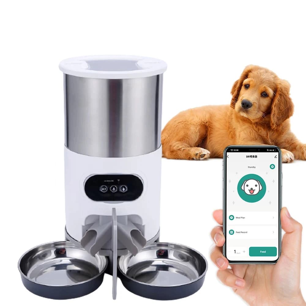 Distributore Automatico di Cibo per Animali Domestici con App Intelligente, Ciotola in Acciaio Inox per Cani e Gatti con Registrazione e Temporizzazione dell'Alimentazione