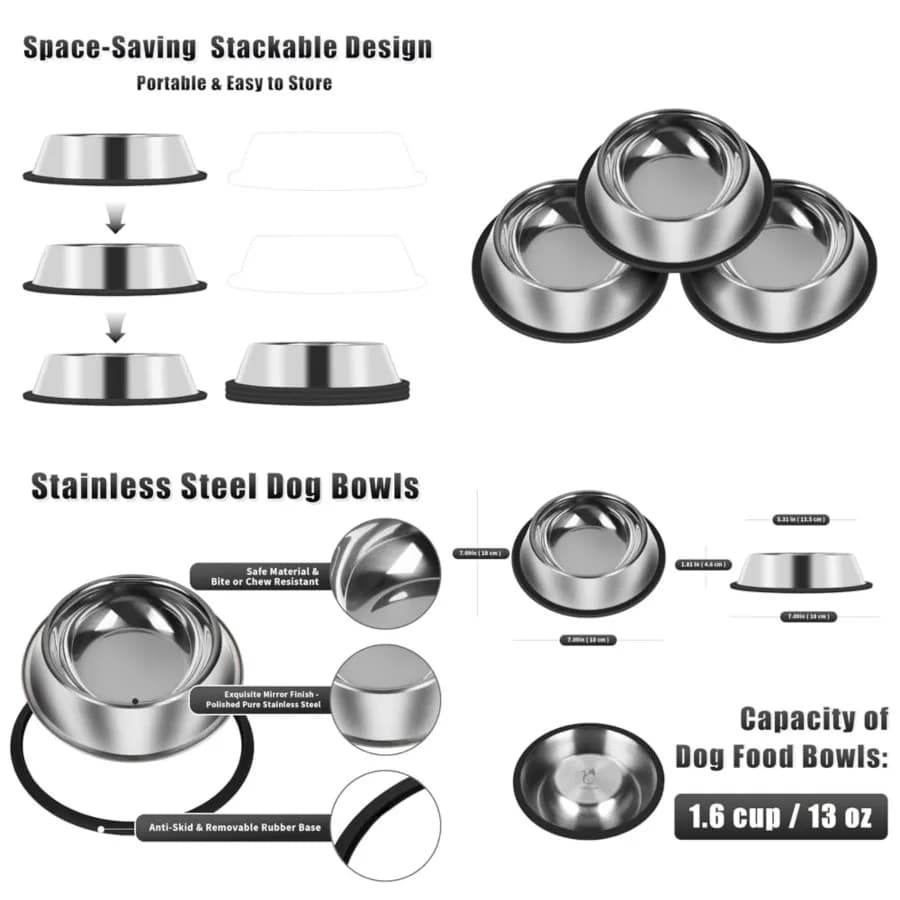 Set di 3 ciotole per cani in acciaio inossidabile - Ciotole antiscivolo per cibo e acqua - Ciotole in metallo resistenti alla ruggine e lavabili in lavastoviglie per cani di taglia piccola/media