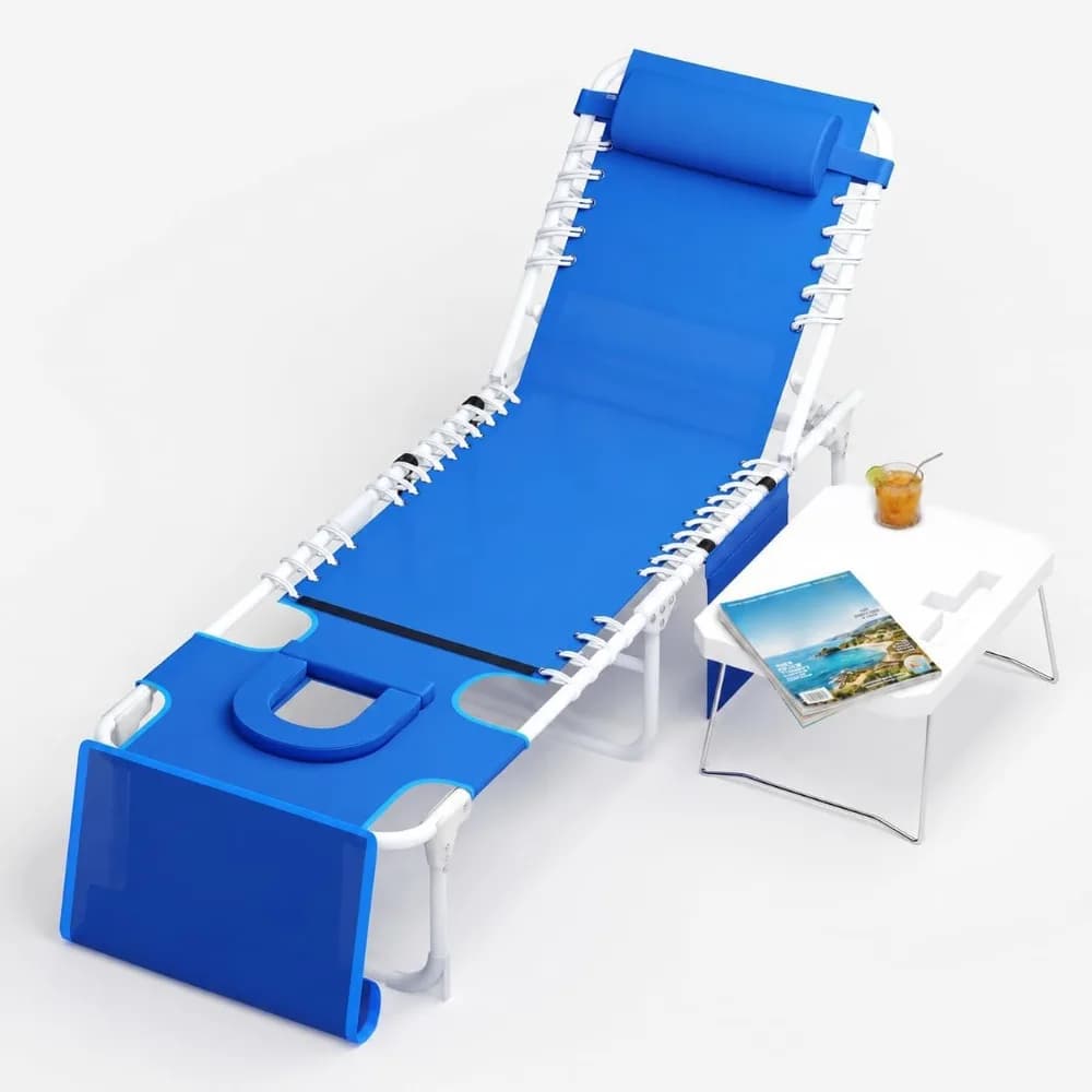 Tanning Chair with Mesh Storage Net Folding Beach Lounge Chair 330lbs Capacity Removable Pillow
