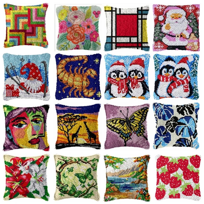 Kit Fai da Te per Ricamo a Maglia a Mano di Fiori, Materiale per Ricamo a Uncinetto di Pinguini, per Copricuscini e Cuscini Non Finiti