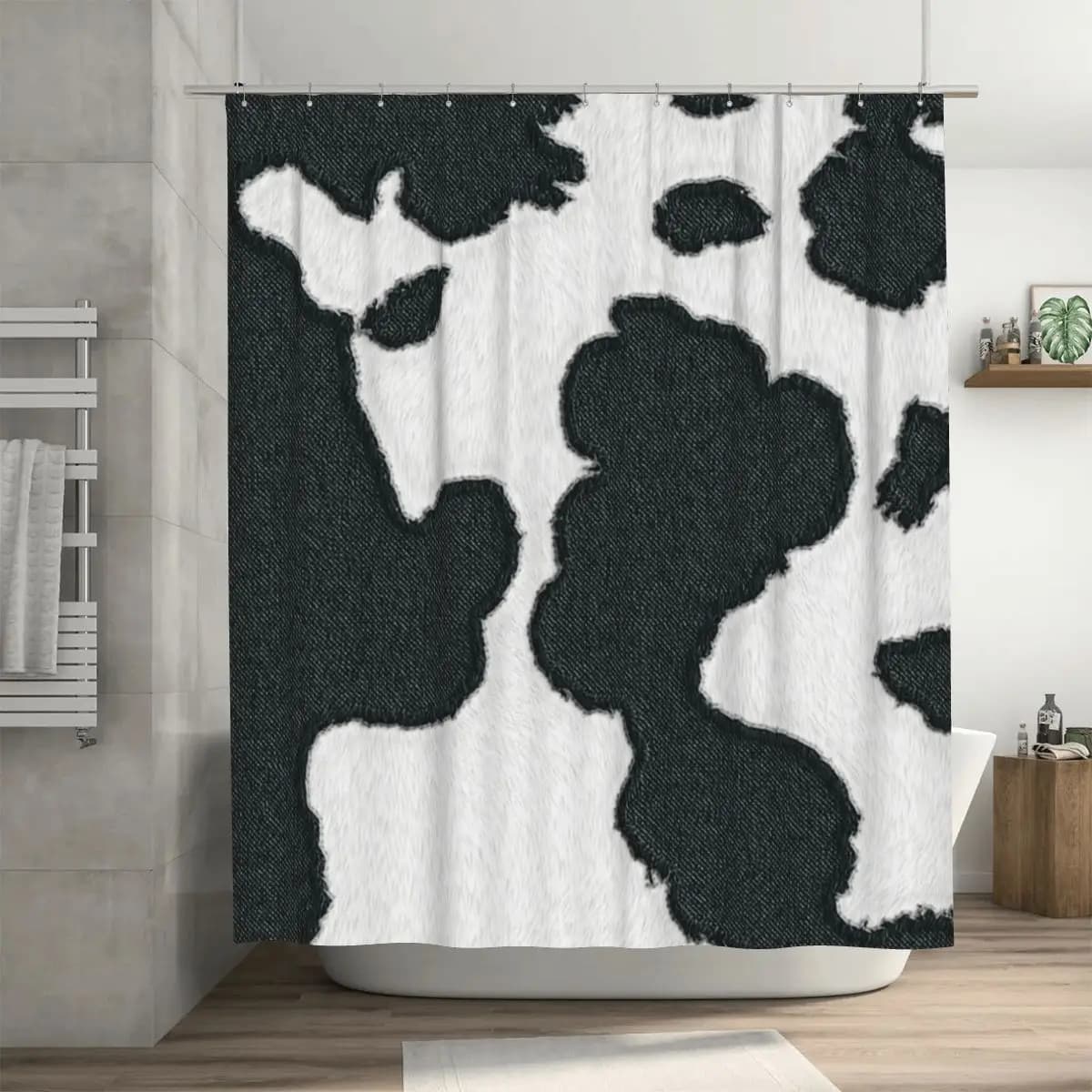 Tenda da doccia con stampa mucca (stampa liscia) in poliestere impermeabile per bagno, con ganci